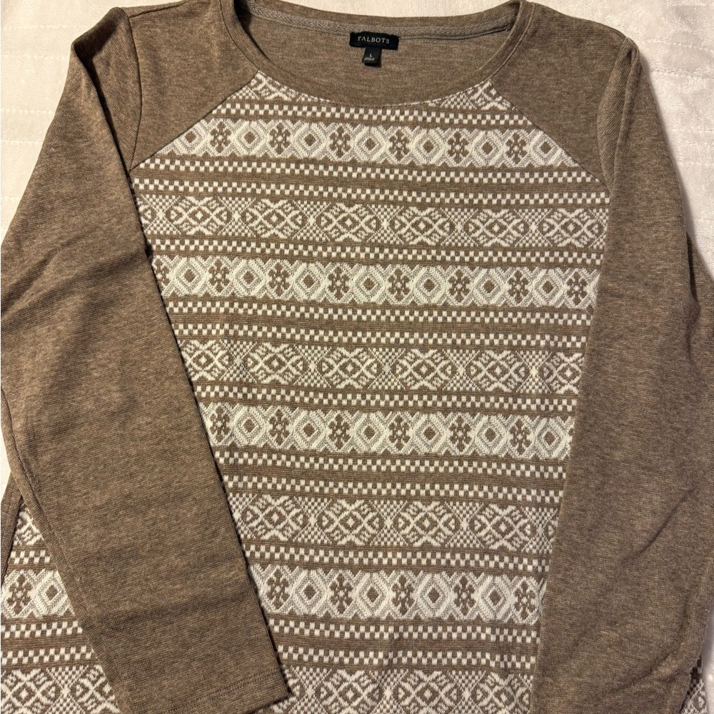 Talbots Tan and Cream Crewneck Sweater